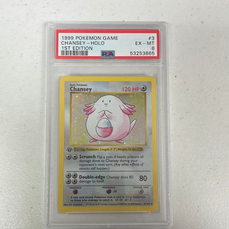 PSA 6 EX - MT - Chansey 3/102 1st Edition Base Set Shadowless Pokemon Holo
