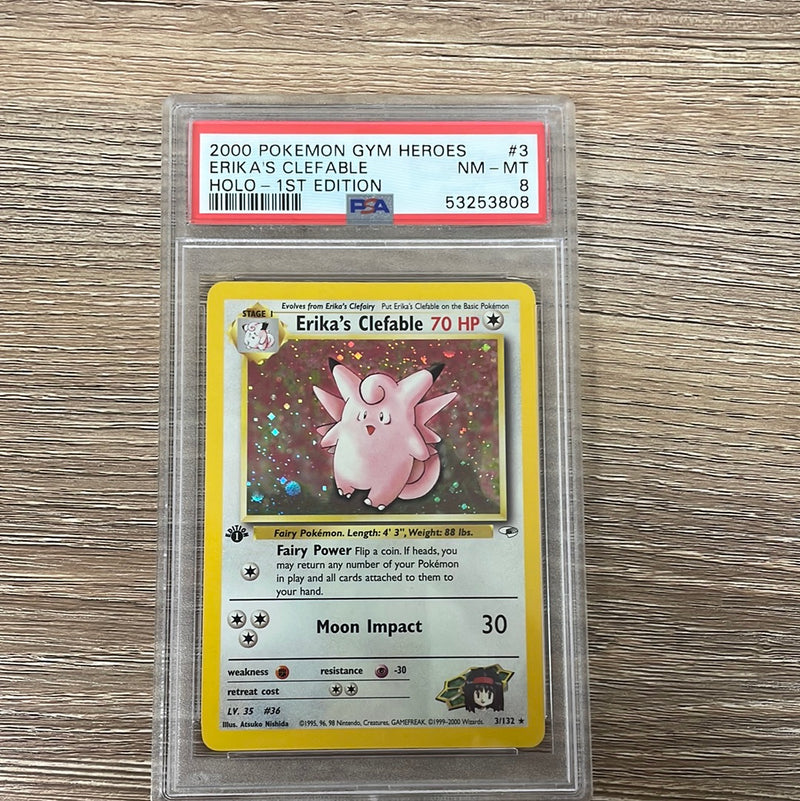 PSA 8 NM - MT - Erika’s Clefable 3/132 1st Edition Gym Heroes Holo Pokemon