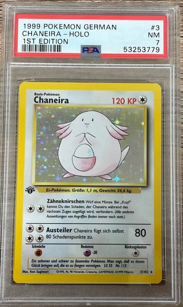 PSA 7 NM - Chansey 3/102 1st Edition German (Chaneira) Base Set Pokemo PSA 7 NM - Chansey 3/102 1st Edition German (Chaneira) Base Set Pokemo