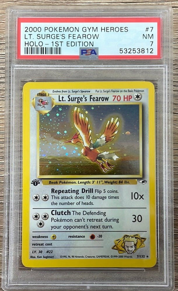 PSA 7 NM - Lt. Surge's Fearow 7/132 1st Edition Gym Heroes Holo Pokemo PSA 7 NM - Lt. Surge's Fearow 7/132 1st Edition Gym Heroes Holo Pokemo